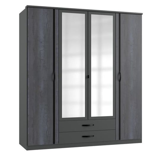 Armoire placard, meuble de rangement coloris Graphite, rechampis noir -  Longueur 179 x Hauteur 199 x Profondeur 58 cm