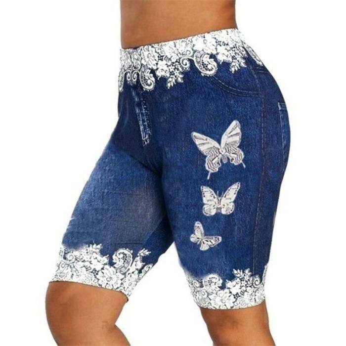 Leggings d'été pour femmes taille basse skinny imprimé de yoga-gym - Bleu foncé S