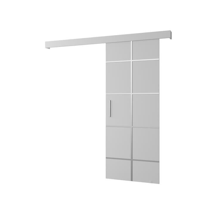 Ensemble Porte coulissante interieur avec rail AGRA III - Blanc mat + Lunette blanc mat + Poignée d'argent - 90x204cm
