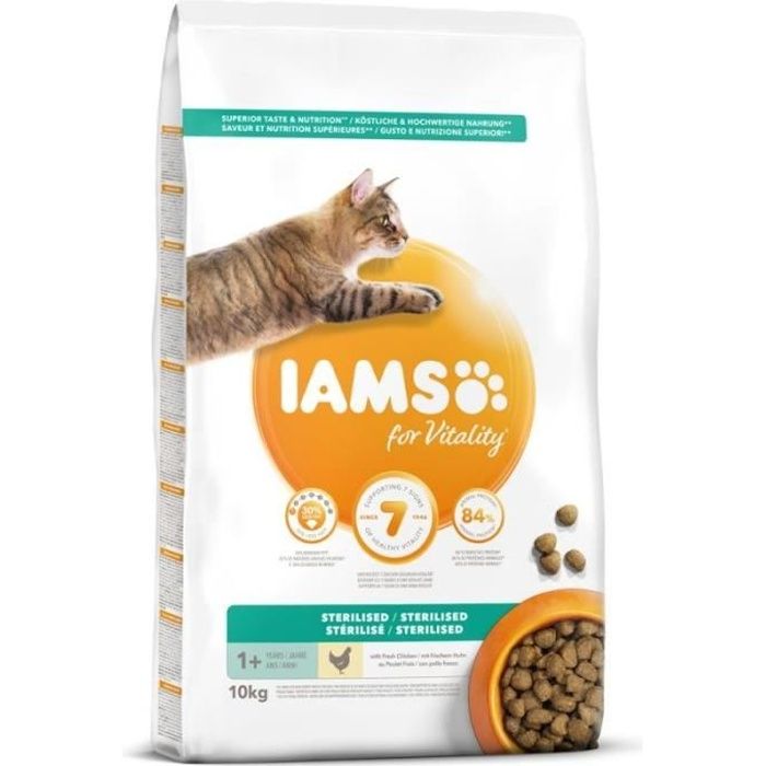 IAMS Vitality Croquettes premium chats stérilisés - Complètes équilibrées - Au poulet frais - Sans OGM colorant - 10kg