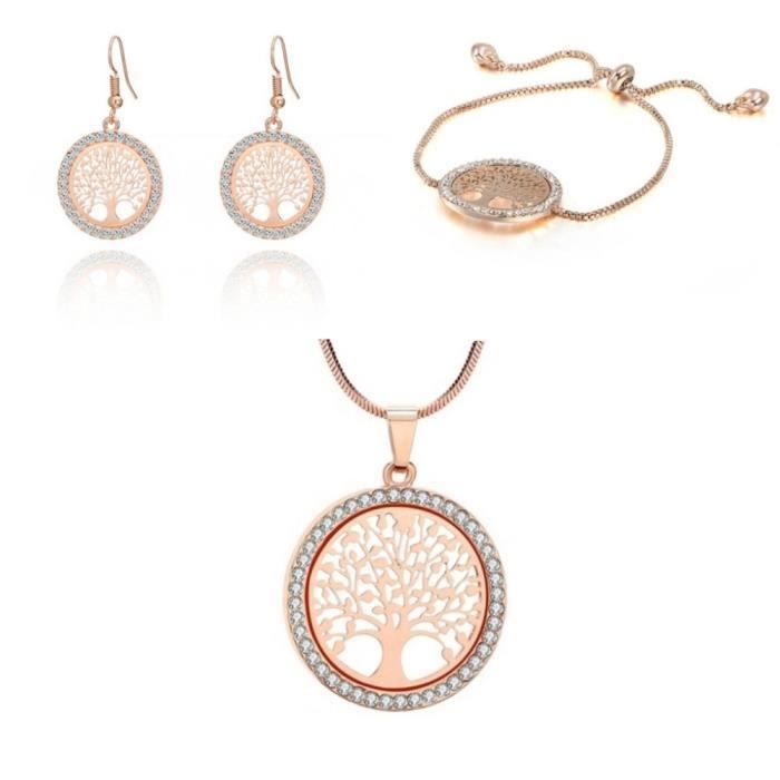 Pack Collier + Bracelet + Boucles D'oreilles Arbre De Vie Prem Or Rose