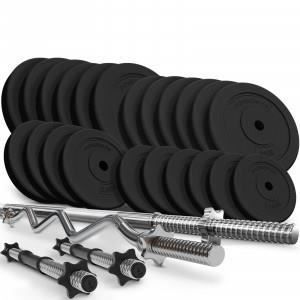 Physionics® Set de Barres d'Haltère avec Disques de Poids - Set 125 kg, Barre Longue, 2 Barres Courtes, Barre EZ, Disques - Fitness