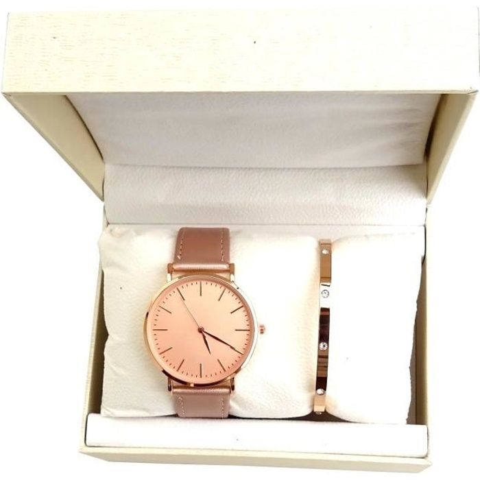 COFFRET IDÉE CADEAU FEMME MONTRE CUIR NUDE CLASSIQUE BRACELET ROSE GOLD CUIVRE