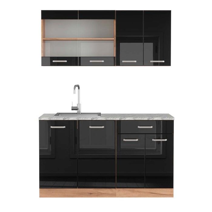 Vicco Cuisine R-Line, Noir Haute Brillance/Chêne De Force Doré, 140 Cm Sans Plan De Travail