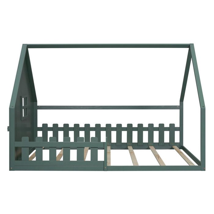 Lit double pour enfant 140*200 cm Lit de sol avec sommier à lattes lit cabine avec rails et rampe lit en pin vert