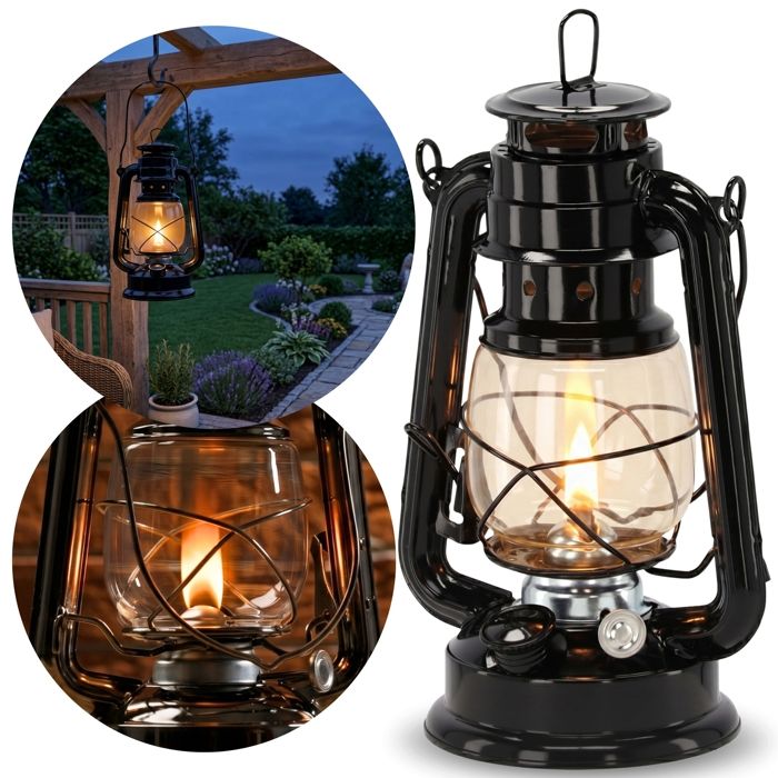 LAMPE À PÉTROLE rétro noire lanterne en métal lampion avec réglage de flamme – 28 cm