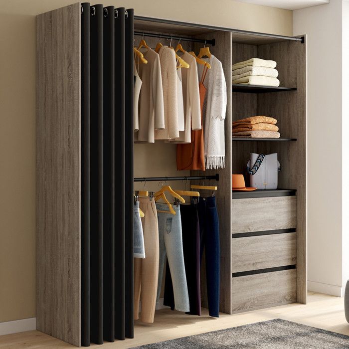 IDMARKET Dressing extensible MARTY 120/170 x 50 x 180 cm hêtre avec 3 tiroirs + étagères + double penderie + rideau noir IDMARKET Dressing extensible MARTY 120/170 x 50 x 180 cm hêtre avec 3 tiroirs + étagères + double penderie + rideau noir
