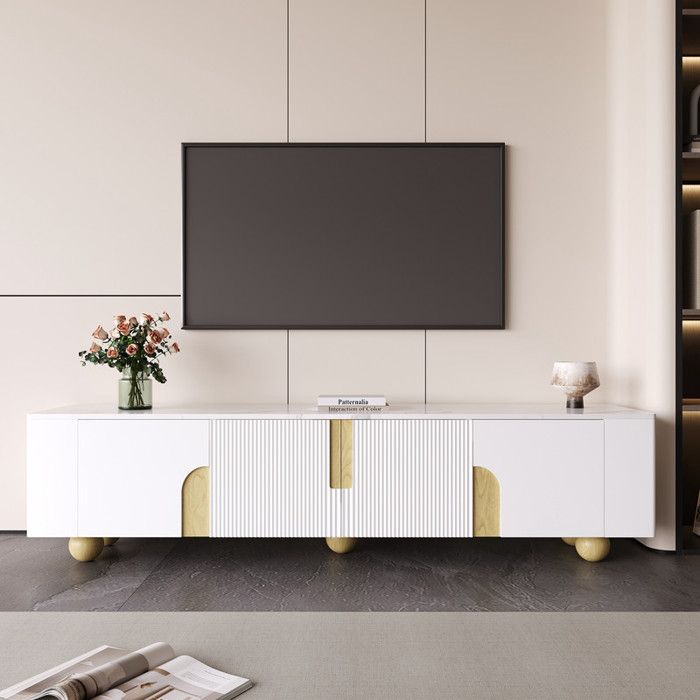 Meuble TV 180 cm 4 portes design élégant finition effet marbre pieds sphériques en bois blanc
