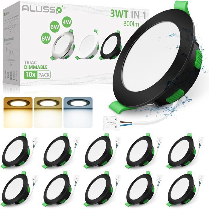 ALUSSO Spot LED Encastrable Rond Noir Dimmable 230V 3CCT 4W 6W 8W Étanche IP44 Plafonnier pour Salle de Bain Salon Lot de 10