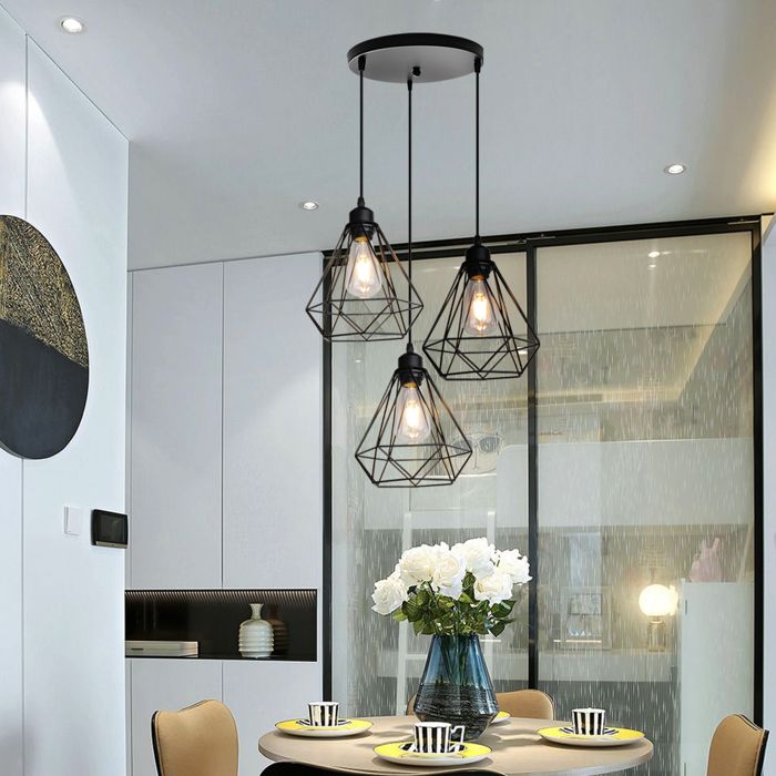 Lampe suspension - SMOTOP - 3 lampes E27 - Abat-jour cage métal Ø20 cm - Noir