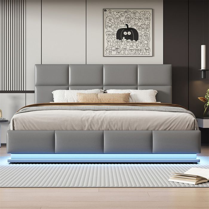 Lit coffre rembourré 180x200 cm - simili cuir gris sommier à lattes LED intégrée rangement hydraulique