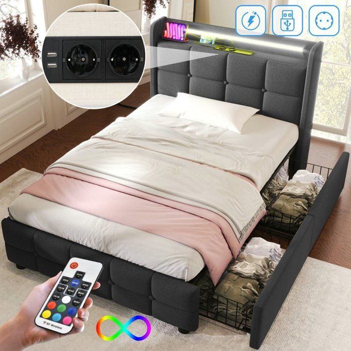 Lit simple 90x200 cm avec 2 tiroirs et charge USB Type C - lit Adulte avec éclairage LED et sommier à lattes - en Lin- gris