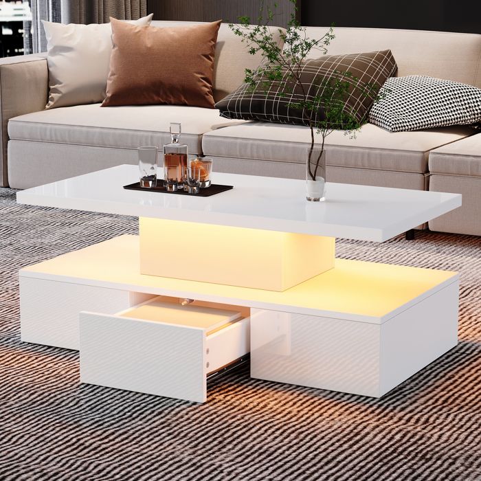 Table basse - TRUXEN8 - LED 16 couleurs - Haute brillance - 1 tiroir - Blanc