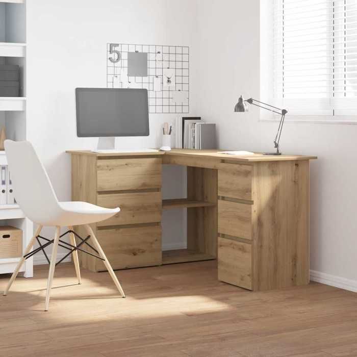 Bureau dangle en bois dingénierie - vidaXL - 145x100x76 cm - Chêne artisanal - 2 portes - 4 tiroirs - Capacité 60 kg