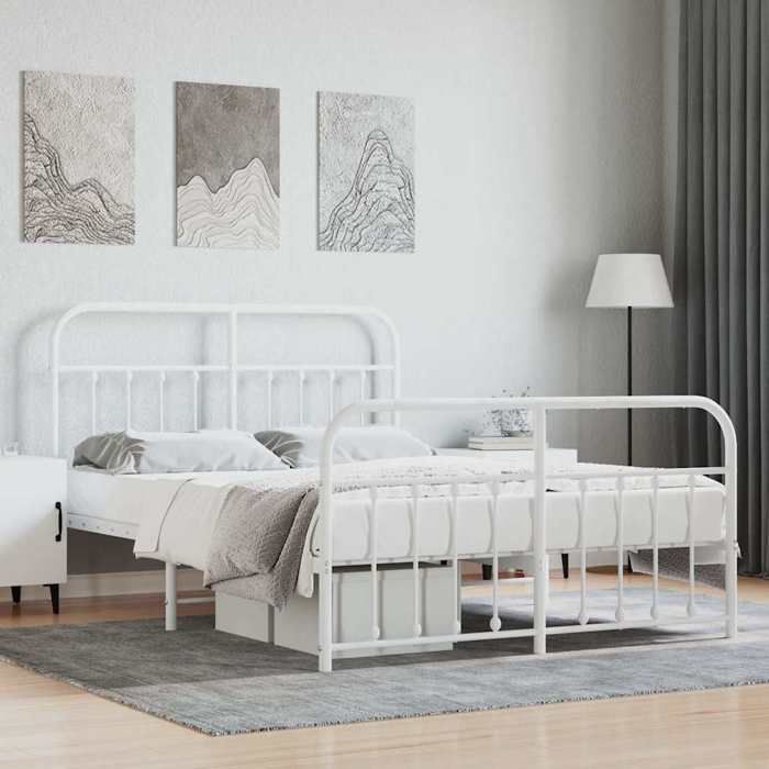 Structure de lit métal - UU - 140x190 cm - Blanc - Acier - Espace de rangement - Tête de lit - Pied de lit