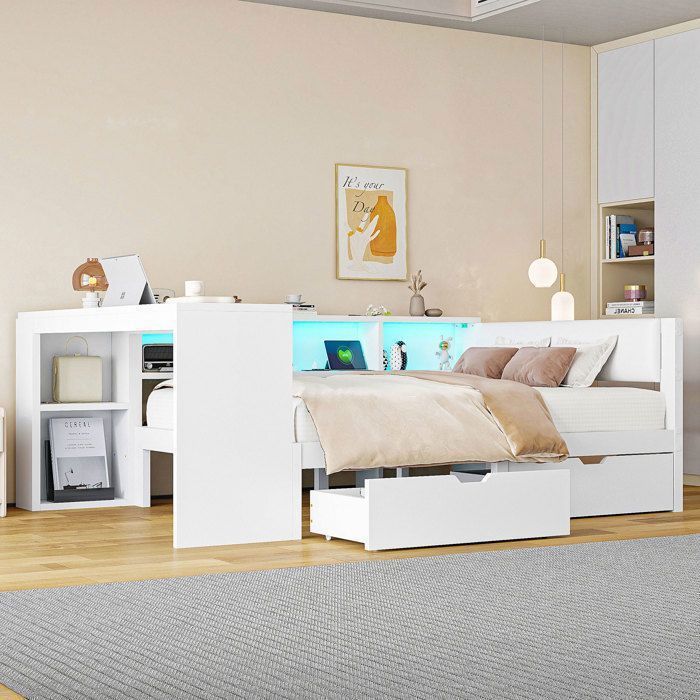 Lit plateforme en bois 140x200 avec rangements tiroirs station de recharge et tête de lit rembourrée avec lumières LED colorées