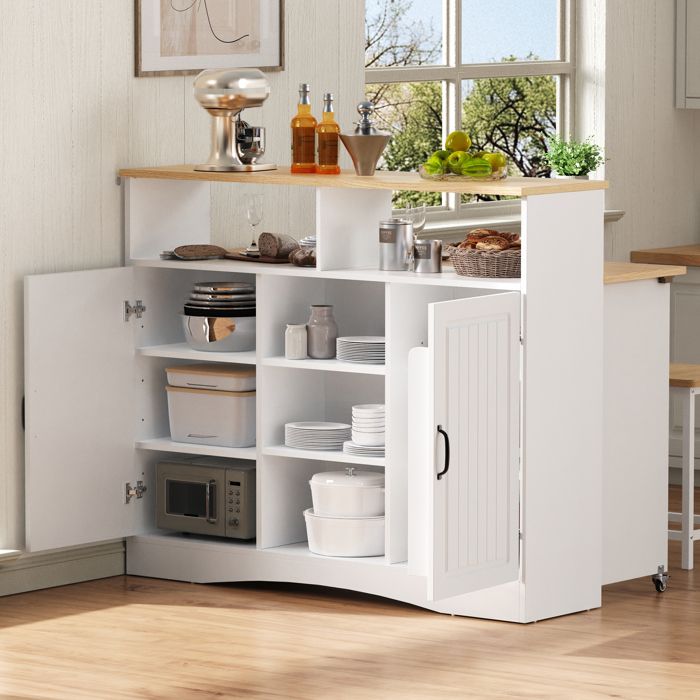 Îlot de cuisine avec coin repas buffet mobile avec étagères réglables et cloisons ouvertes design minimaliste moderne blanc.