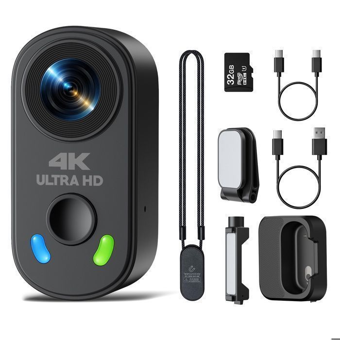 Mini Caméra Sport 4K 30fps WiFi Caméra Vlog 150° Caméra d’action POV Stabilisateur EIS avec 64Go carte