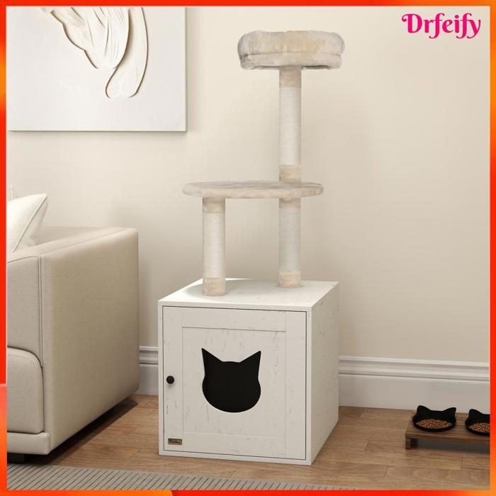 Arbre à chat avec maison de toilettes - AKOZON - 11709 - Crème - 47x52x129 cm - Cache-litière dissimulée