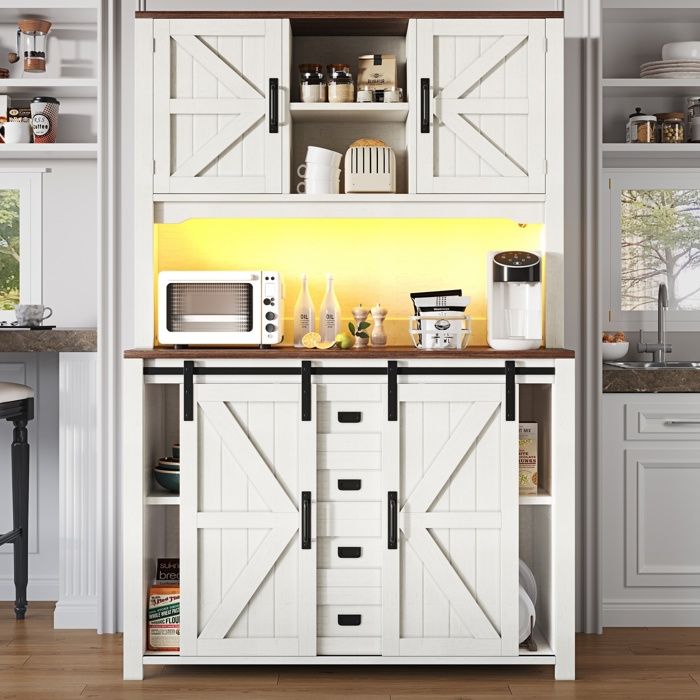 Buffet Haut de Cuisine Armoires de Salon avec Portes Coulissantes et éclairage LEDMultifunctional115x40x175cmBlanc