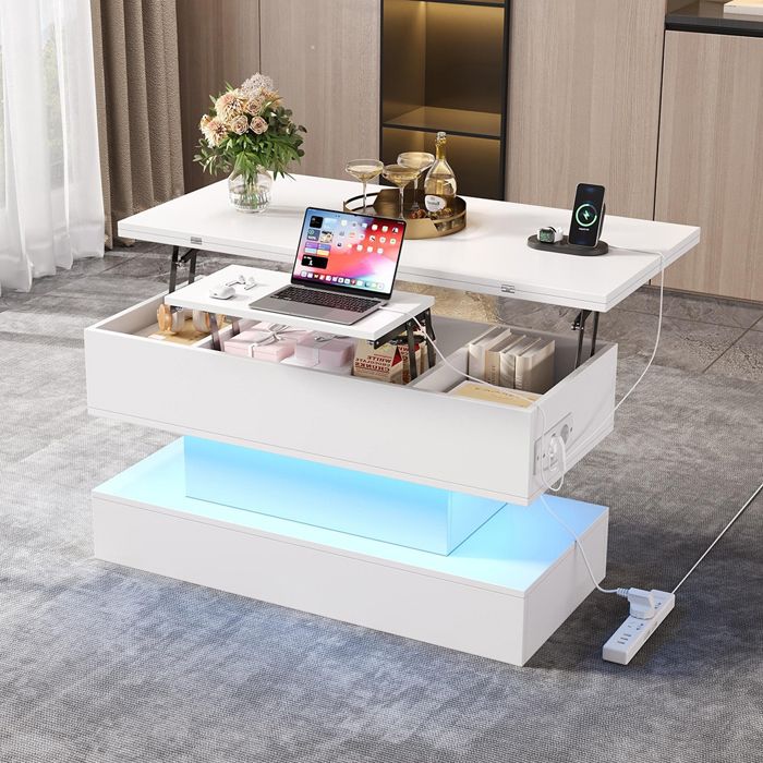 Table basse relevable - 100x50x515 cm - Blanc mat - Prise USB-C/USB intégrée - Plateau relevable 100x100 cm LED