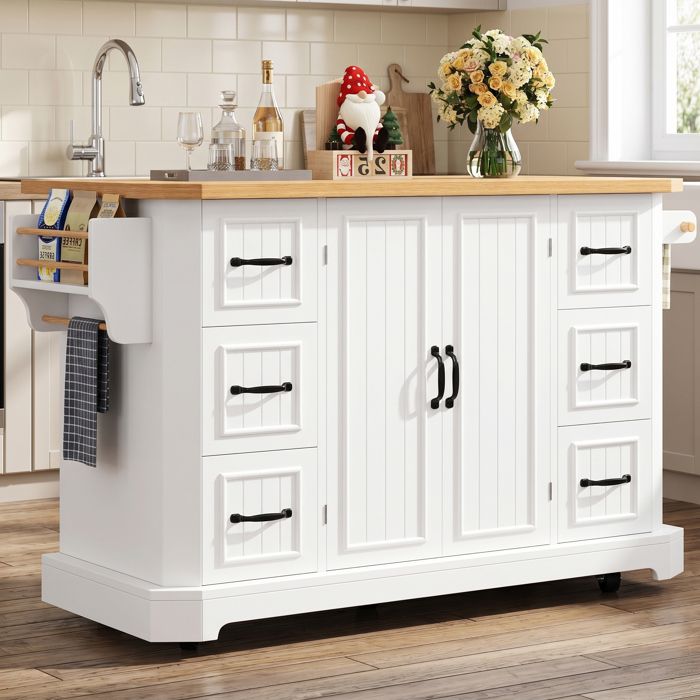 Buffet Îlot de cuisine mobilemeuble de cuisinedesserte de cuisine à 2 portes et 6 tiroirs sur roulettes120x45(75)x91cmblanc