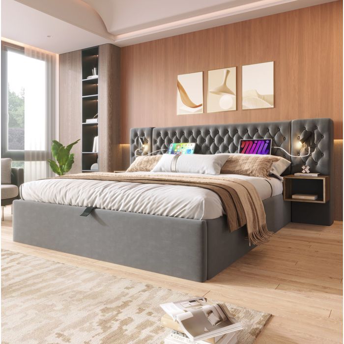 Lit coffre double gris 160 × 200 avec 2 chevets liseuses USB-C sans matelas