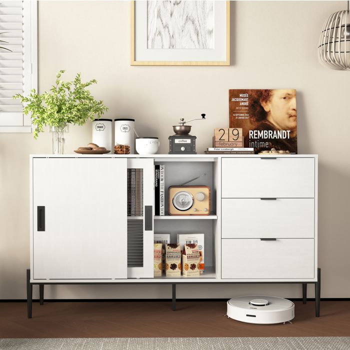 Buffet blanc avec 2 portes en verre nervuré et 3 tiroirs style classique moderne montage nécessaire
