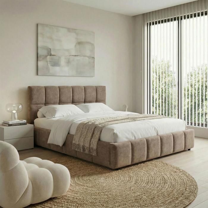 Lit Double EMILIA Rembourré 160 x 200 cm Queen Size Brun avec Sommier à Lattes Inclus Design Bubble Tête de Lit Capitonnée Lit Double EMILIA Rembourré 160 x 200 cm Queen Size Brun avec Sommier à Lattes Inclus Design Bubble Tête de Lit Capitonnée