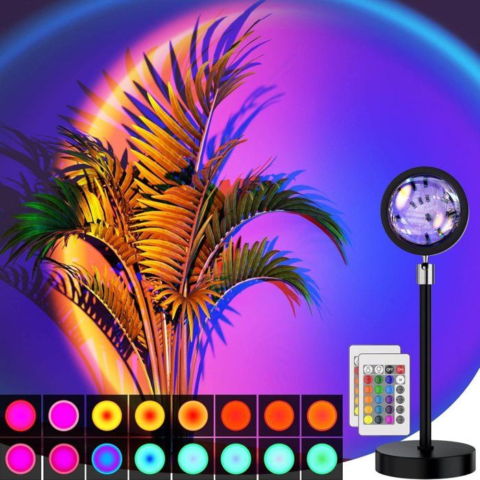 Projecteur Led Effet Coucher De Soleil 16 Couleurs Rgb Lampe Ambiance 360° Rotative Avec Télécommande Usb Noir