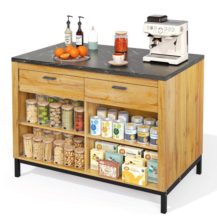 Îlot Central de Cuisine120x75x90 cm 2 Tiroirs 4 Étagères Ouvertes Plateau effet marbre noir et naturel