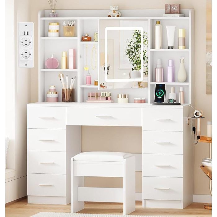 Coiffeuse - AUTREMENT - 110x40x140 - Miroir LED tactile - 9 tiroirs & étagères - Prises USB/secteur
