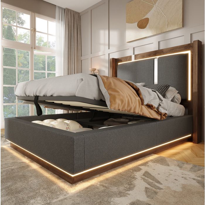 Lit coffre 90x200 cm EVRYAE - avec LED et rangement sous le lit sans Matelas - Lin + bois - Gris et noyer