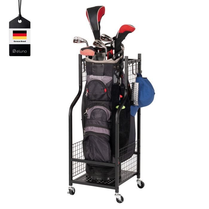 eluno Organisateur pour sacs de golf avec crochets étagère de rangement pour 1 sac de golf et accessoires de golf en acier noir