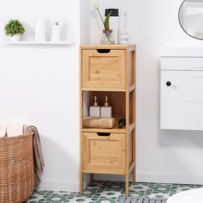 Meuble de salle de bain en bambou 30 x 30 x 90 cm naturel avec 1 étagère et 2 tiroirs