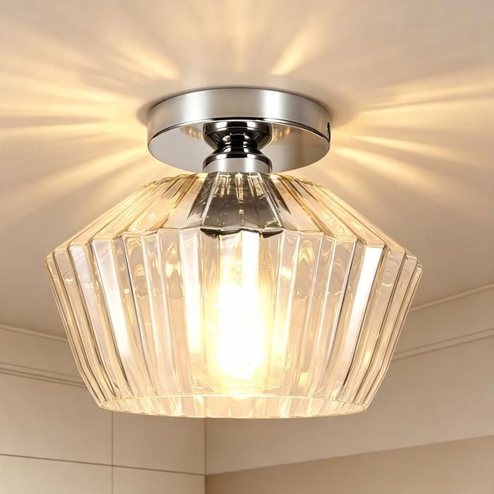 Plafonnier en verre transparent E27 abat-jour strié diamant 25x19 cm entrée couloir chambre sans ampoule - Chromé