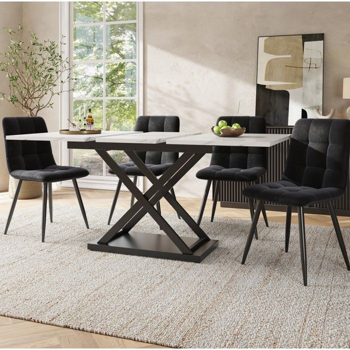 Table Repas 5 Pieces Blanc Noir Table Extensible Moderne FloraGrace Pour Salle A Manger 4 Chaises Velours 120-160x80x75cm