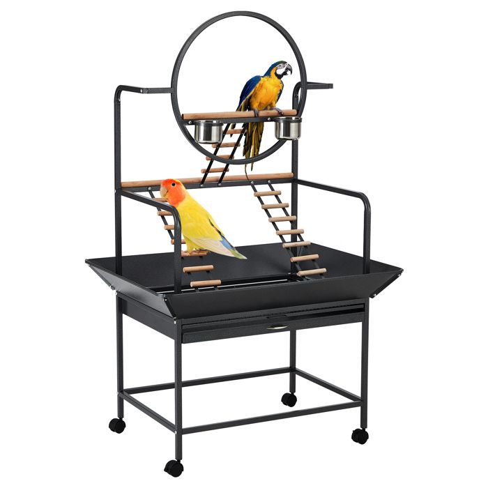 Aire de jeu roulante robuste – Cage à oiseaux 64 pouces avec perchoirs échelles plateau amovible pour perroquets – Silver Black