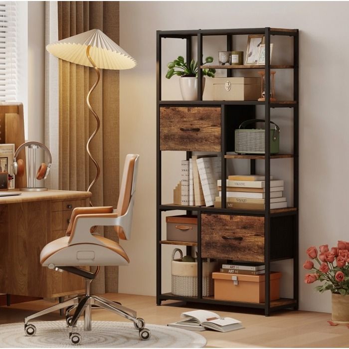 Bibliothèque De Rangement Marron Noir Étagère Industrielle FloraGrace Pour Salon Chambre 2 Tiroirs Et 9 Niches 725x30x150cm