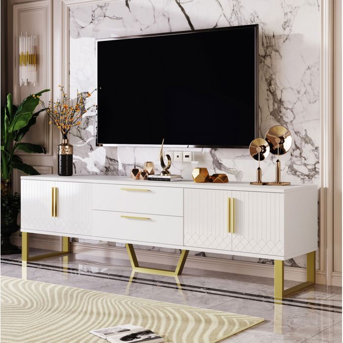 Meuble TV Haute Brillance Blanc Et Or Banc TV Design FloraGrace Pour Salon Passage De Cables Integre 170x40x53 5cm
