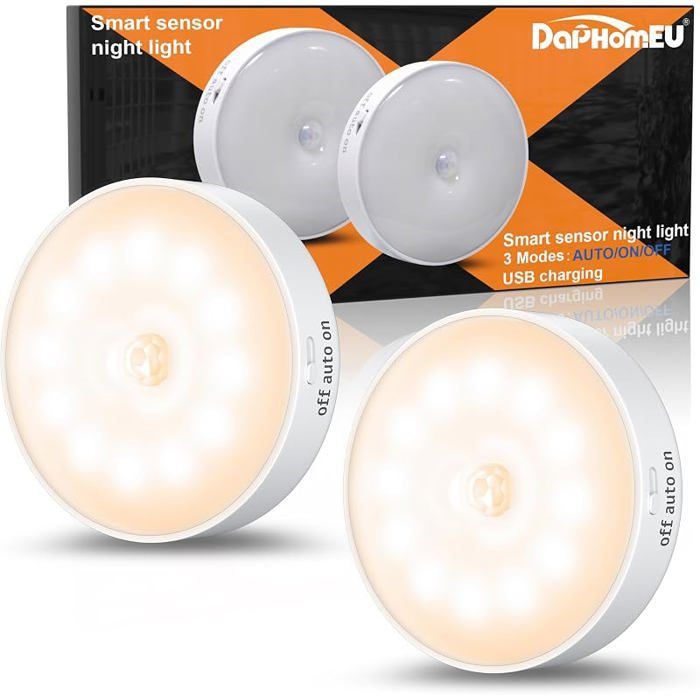 Lot de 2 veilleuses avec détecteur de mouvement Lampe LED rechargeable USB à 3 Modes écirage Lumiere detecteur de Lot de 2
