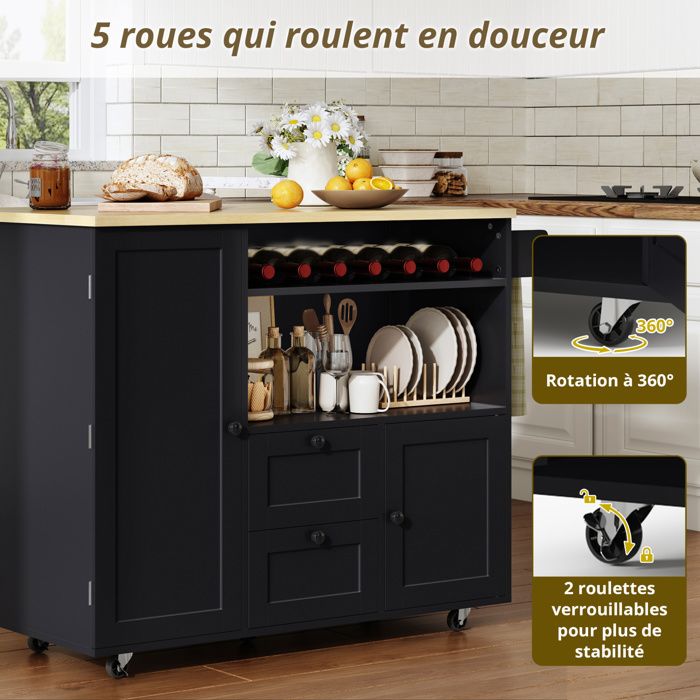 WOVREO îlot central de cuisine 104 x 45(69) x 89 cm plateau rabattable MDF naturel et noir
