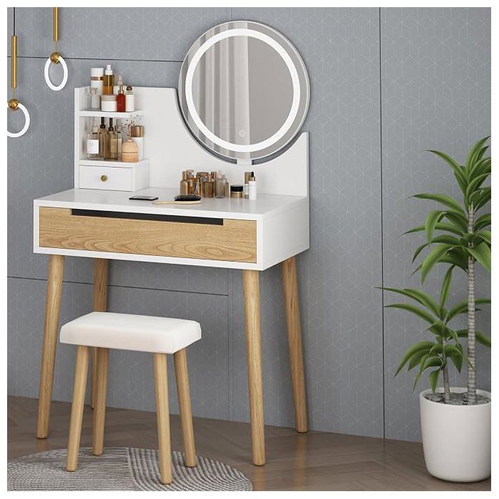 Coiffeuse compacte Miroir Rond Station Charge USB Tabouret