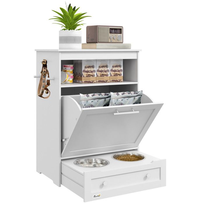 SENVIRO meuble rangement croquettes chien avec station repas 61 x 35 5 x 82 cm 2 bols inox blanc