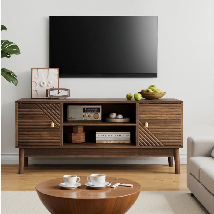 Meuble TV 110 cm Walnut style Mid-Century Modern Farmhouse portes rangement passe-câbles MDF JOINERY