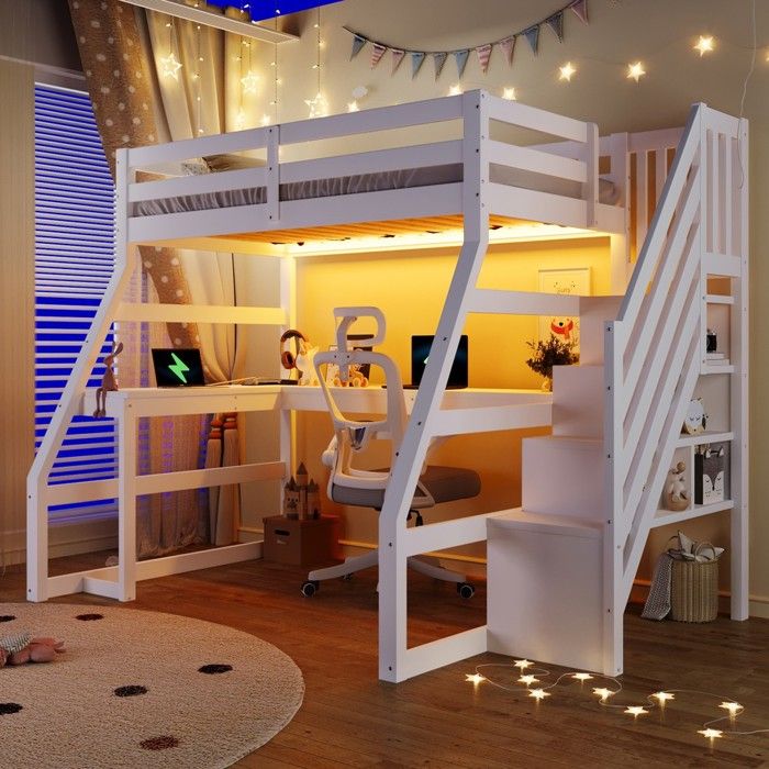 Lit mezzanine blanc en bois - BLACKCOLOR - 90x200 cm - Bureau en L - Éclairage LED - Escalier de rangement avec 3 espaces