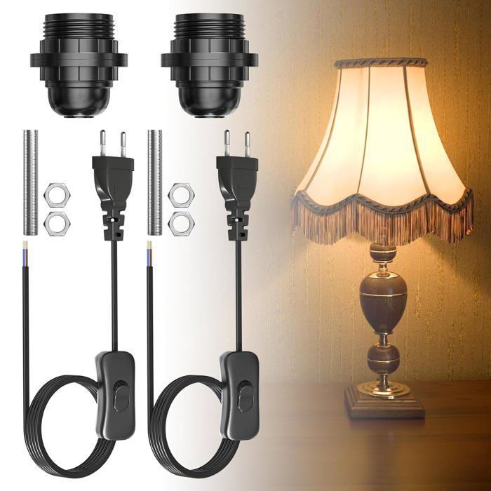 Porte-bouteille E27 Adaptateur de bouteille avec interrupteur et prise kit d’adaptateur de bouteille pour lampe de table 2-Pack