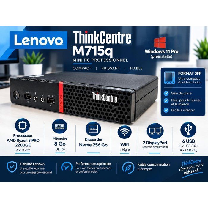 Mini Pc Lenovo ThinkCentre M715q Ryzen 3 PRO - 8 Go RAM - NVMe 256 Go