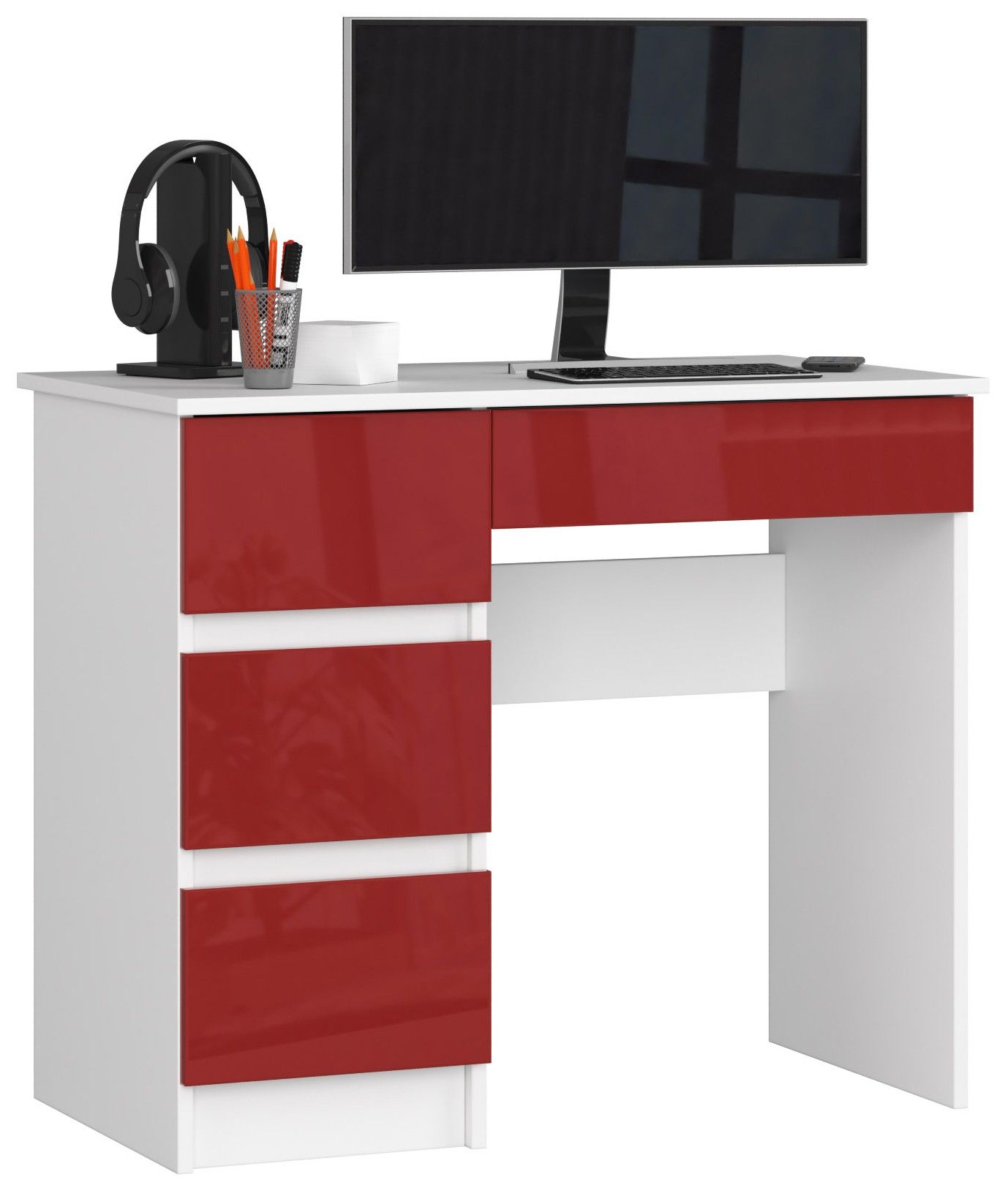 bureau informatique - akord - a7 - 4 tiroirs - blanc/rouge brillant