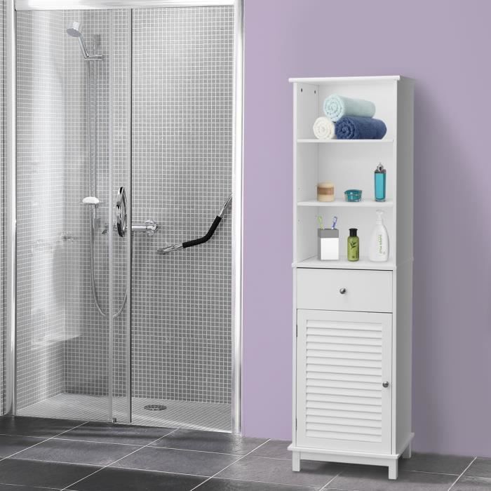 Meuble Colonne Salle De Bain Armoire Haute Pour Toilettes Avec 3 Niches Et 1 Porte A Persienne Mdf Blanc 46 X 29 X 157cm Achat Vente Colonne Armoire Sdb